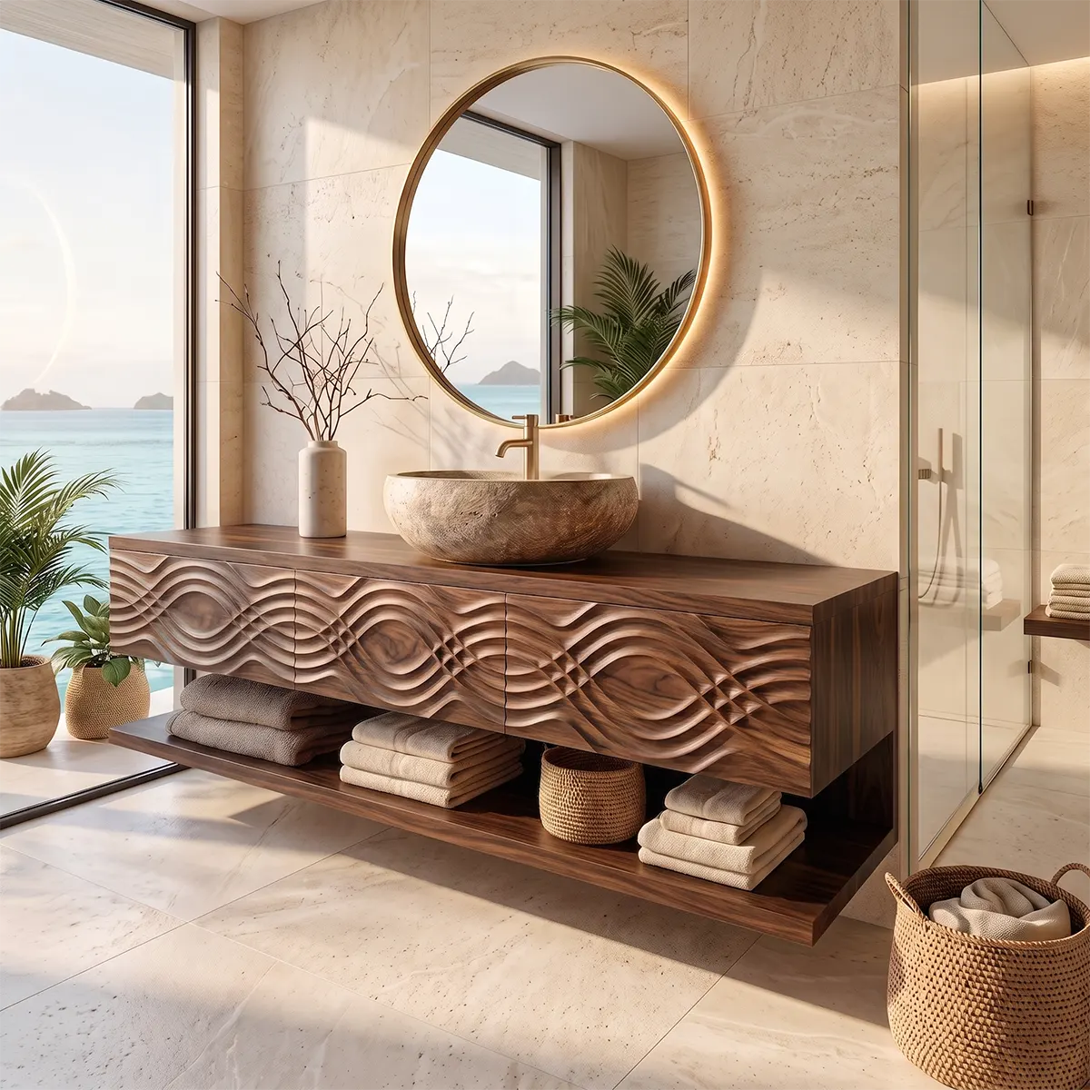 Floating Bathroom Vanity with 3 Drawers & Open Shelf | Carved Wave Front Modern Design