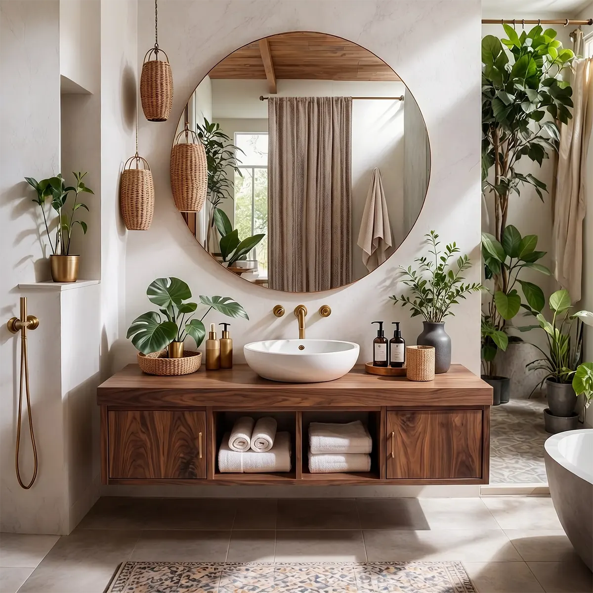 Floating Solid Wood Bathroom Vanity | Modern Bathroom Vanity with Side Cabinets and Open Shelves TT006-6ICG7SP
