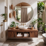 Floating Solid Wood Bathroom Vanity | Modern Bathroom Vanity with Side Cabinets and Open Shelves TT006-6ICG7SP