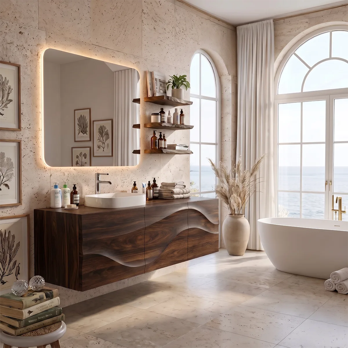 Floating Bathroom Vanity with 3 Doors | Sculpted Wave Front Wall Mounted Vanity Cabinet
