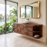 Floating Solid Wood Bathroom Vanity with Double-Door Cabinet & Open Shelves | Wall Mounted Bathroom Vanity with Wave Carved Doors TT006-3MZX2XI