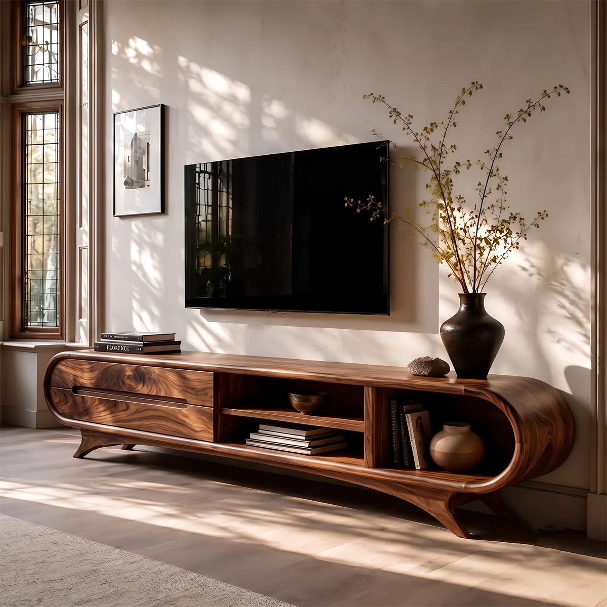 Modern Curved TV Stand with 2 Drawers & 3 Open Storage Areas | Sculptural Media Console