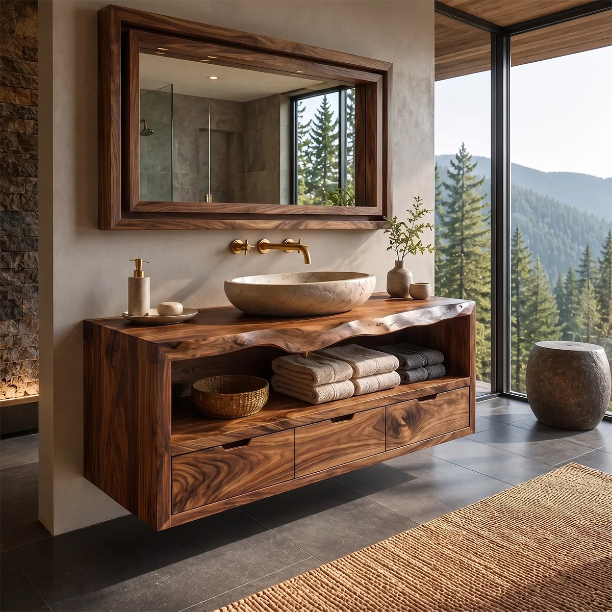 Floating Solid Wood Bathroom Vanity | Live Edge Bathroom Vanity with Three Soft-Close Drawers and Open Shelf TT006-3KMK1JL