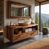 Floating Solid Wood Bathroom Vanity | Live Edge Bathroom Vanity with Three Soft-Close Drawers and Open Shelf TT006-3KMK1JL