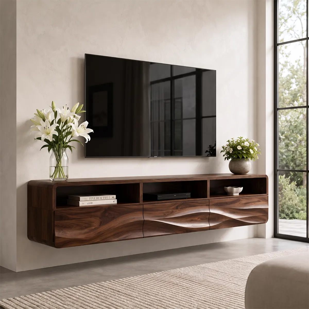 Organic Modern Floating TV Stand with Open Shelving & Three Drawers TT006-8JIK6GK