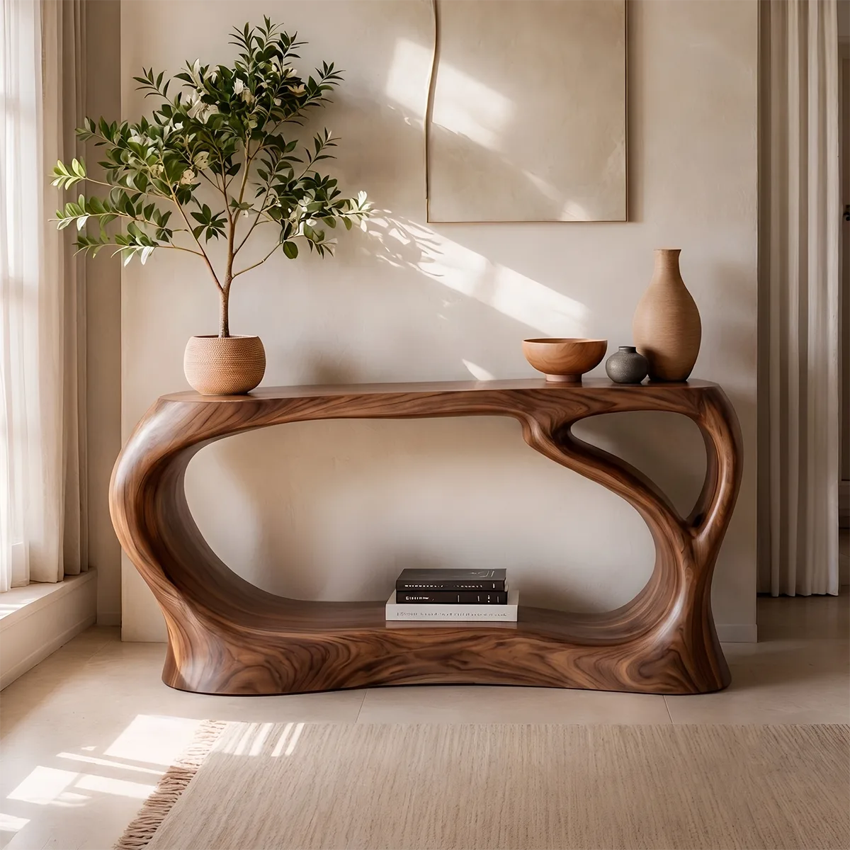 Organic Modern Console Table with Sculptural Open Frame & Display Shelf TT006-1286