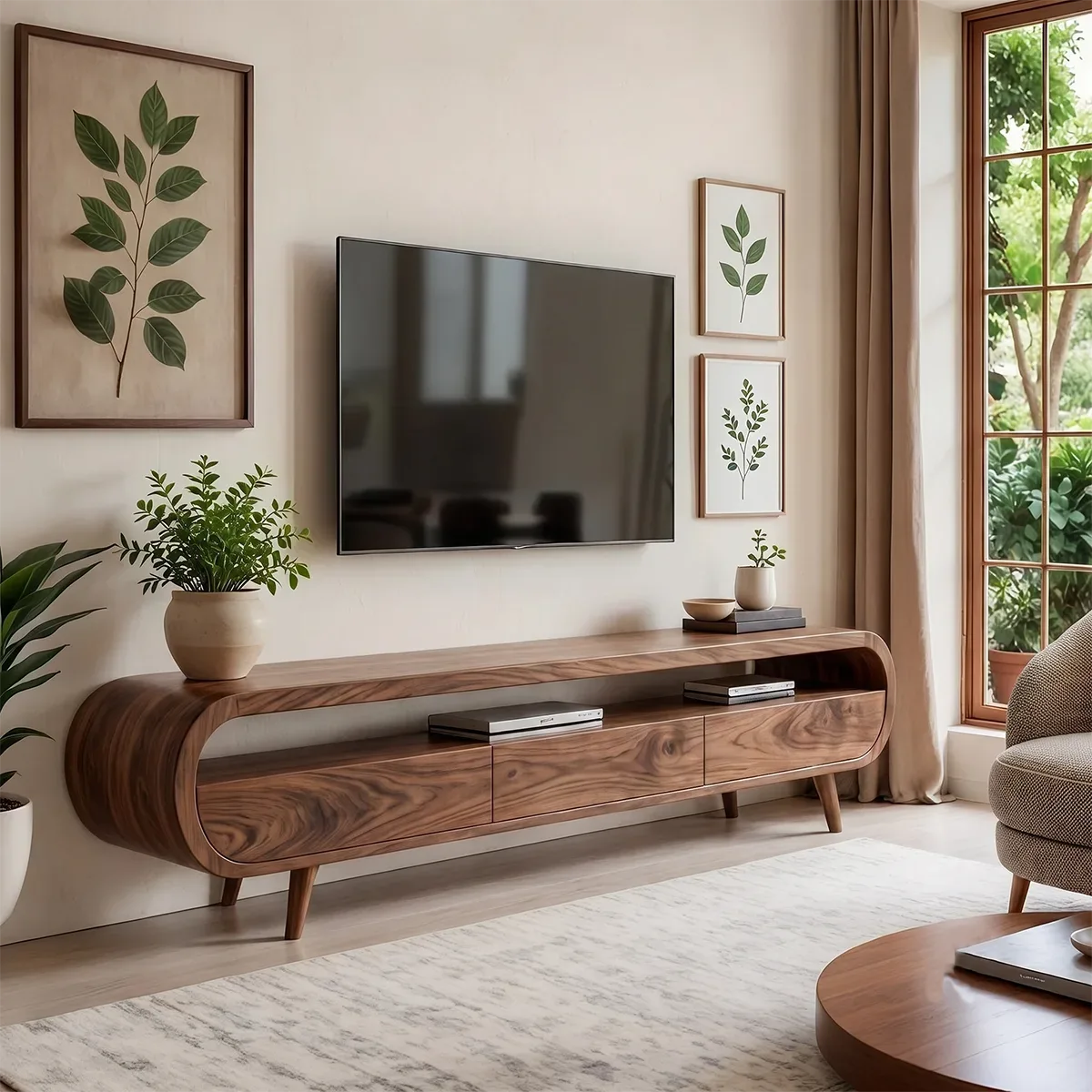 Modern Organic TV Stand with Open Shelf | Three Drawer Media Console TT006-6OAK3NB