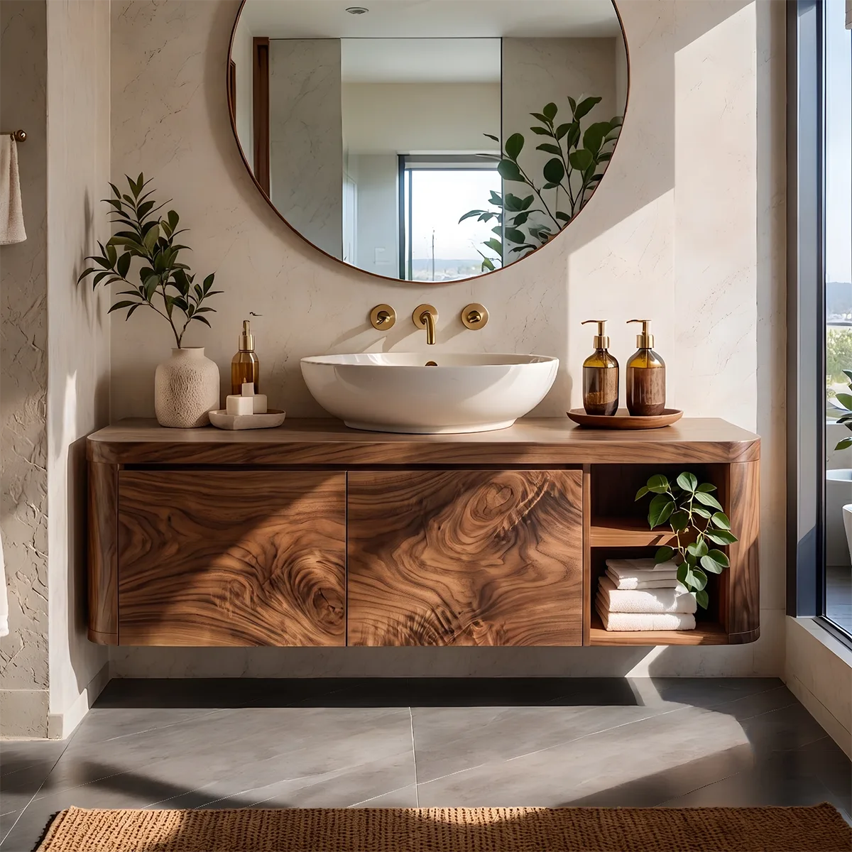 Floating Solid Wood Bathroom Vanity | Wall Mounted Single Sink Vanity with 2 Hinged Cabinets & Open Shelf TT006-6DFI9SI