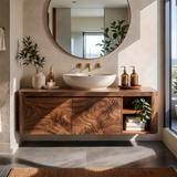 Floating Solid Wood Bathroom Vanity | Wall Mounted Single Sink Vanity with 2 Hinged Cabinets & Open Shelf TT006-6DFI9SI