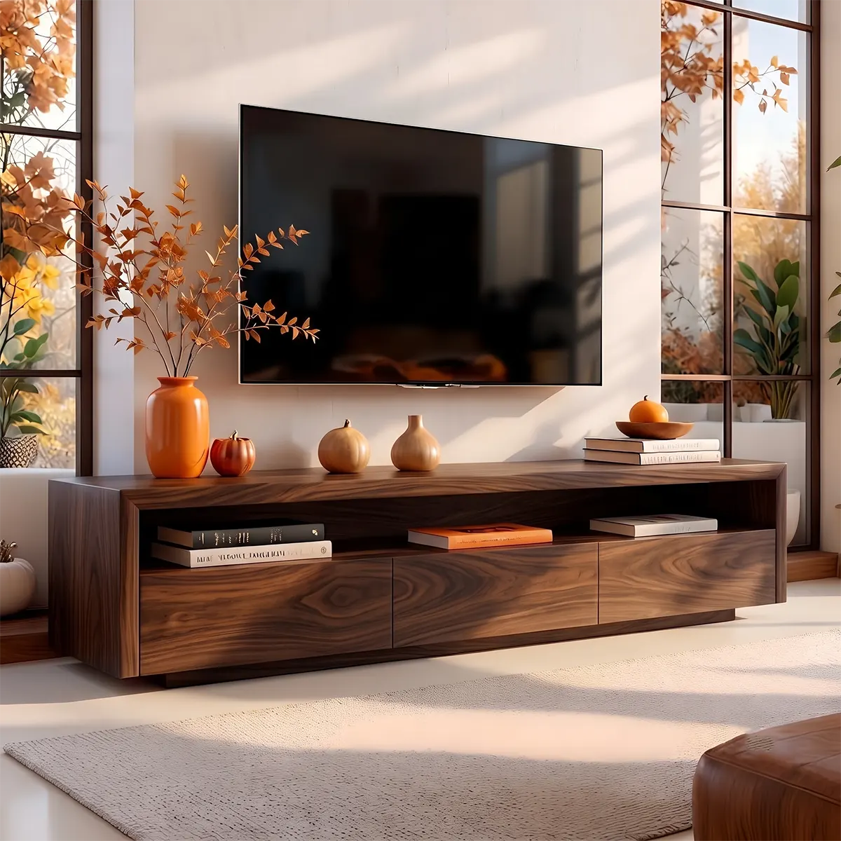 Modern TV Stand with 3 Enclosed Storage Compartments & Long Open Media Shelf