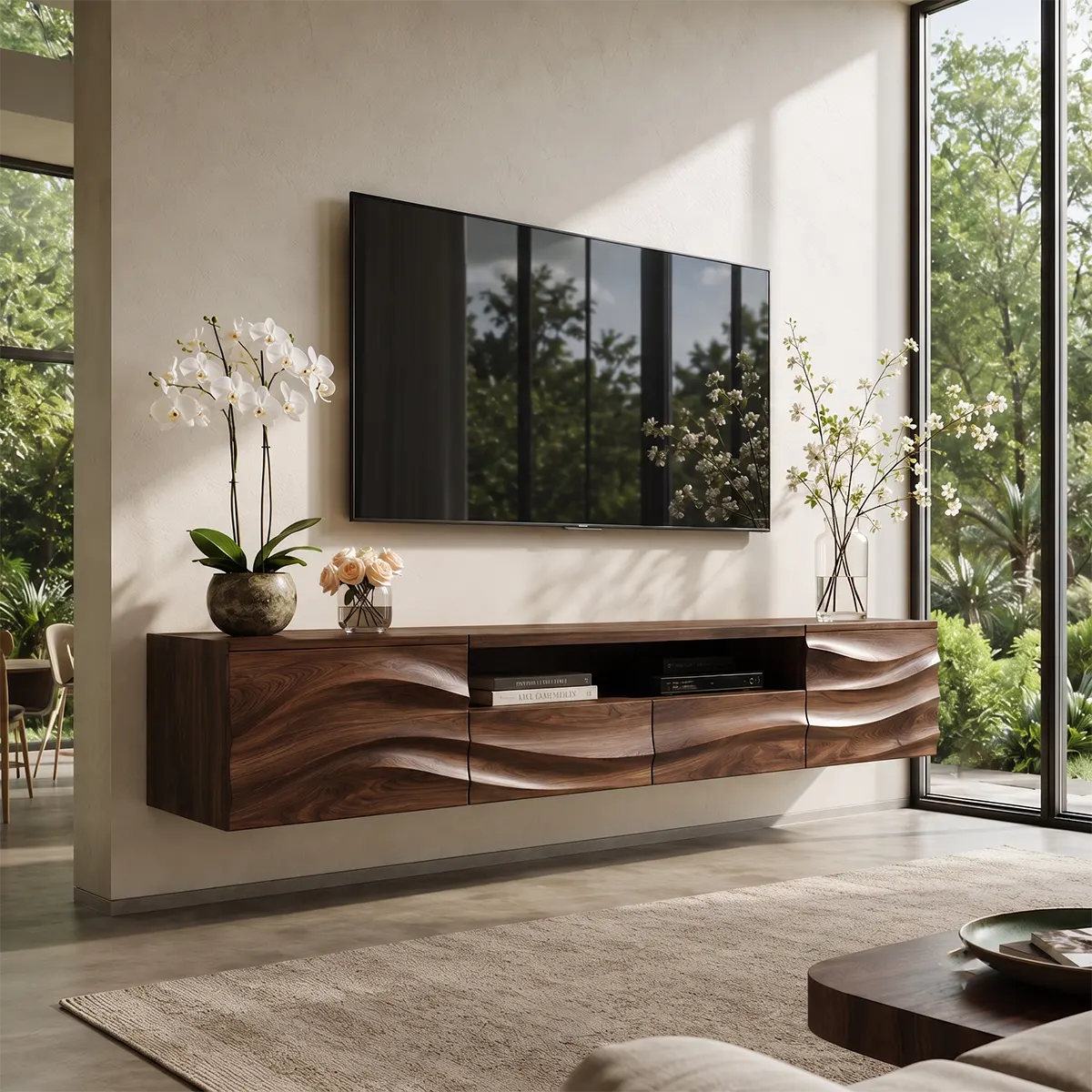 Organic Modern Floating TV Stand with Dual Cabinets, Open Shelf & Double Drawers TT006-5QDJ5ZW