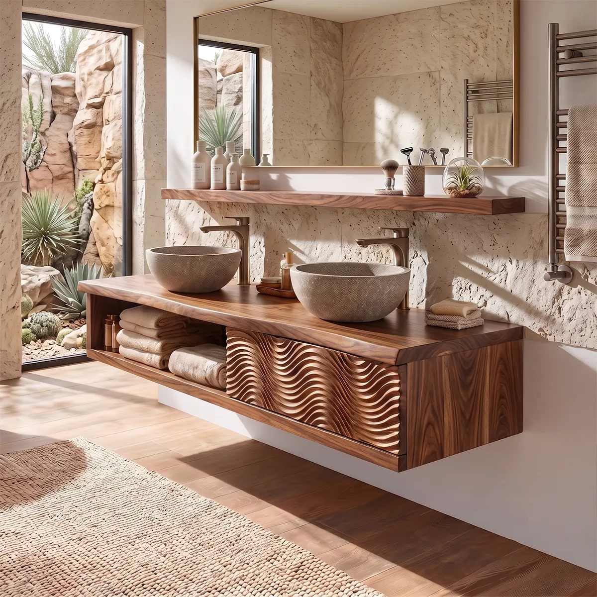 Floating Double Sink Solid Wood Bathroom Vanity | Live Edge Wood Vanity with Open Shelf & Carved Hinged Cabinet TT006-9PJD5EI