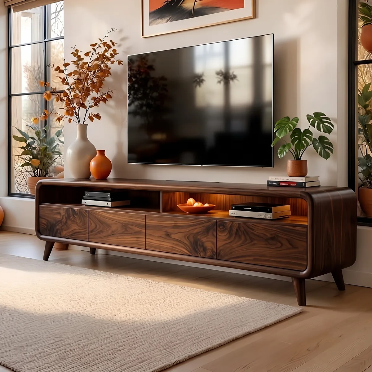 Modern TV Stand with 4 Enclosed Storage Compartments & 2 Open Media Shelves