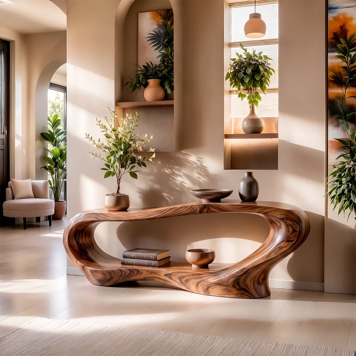 Organic Modern Console Table with Open Display Shelf & Sculptural Curved Design TT006-3660