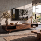 Sculptural Curved TV Stand with Open Shelves & Concealed Storage | Modern Low Profile Media Console