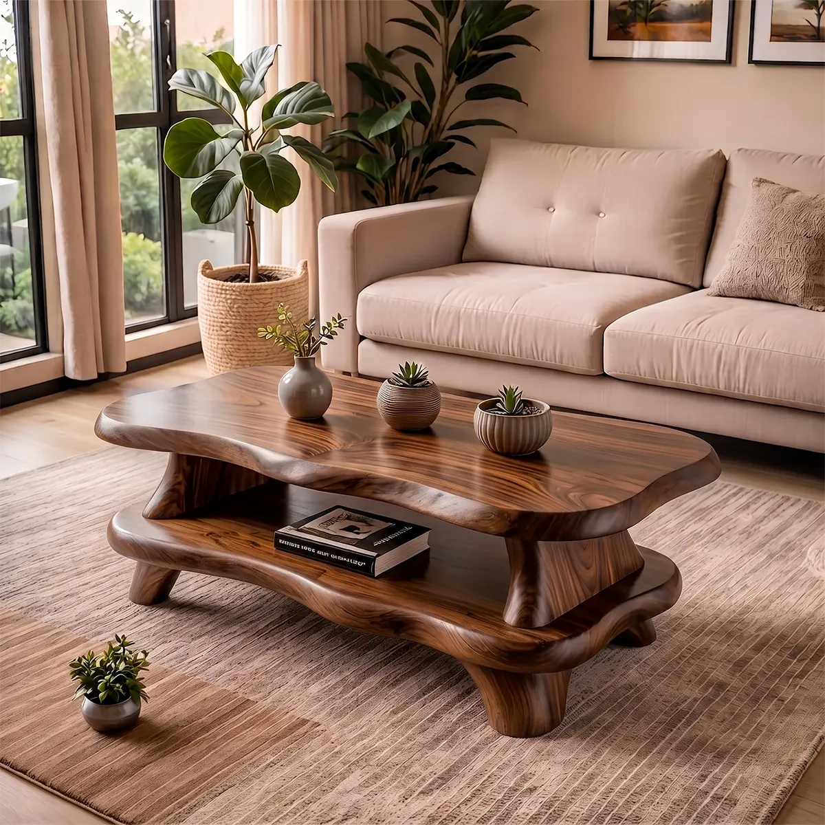 Organic Solid Wood Coffee Table with Storage Shelf | Modern Live Edge Center Table TT006-8710