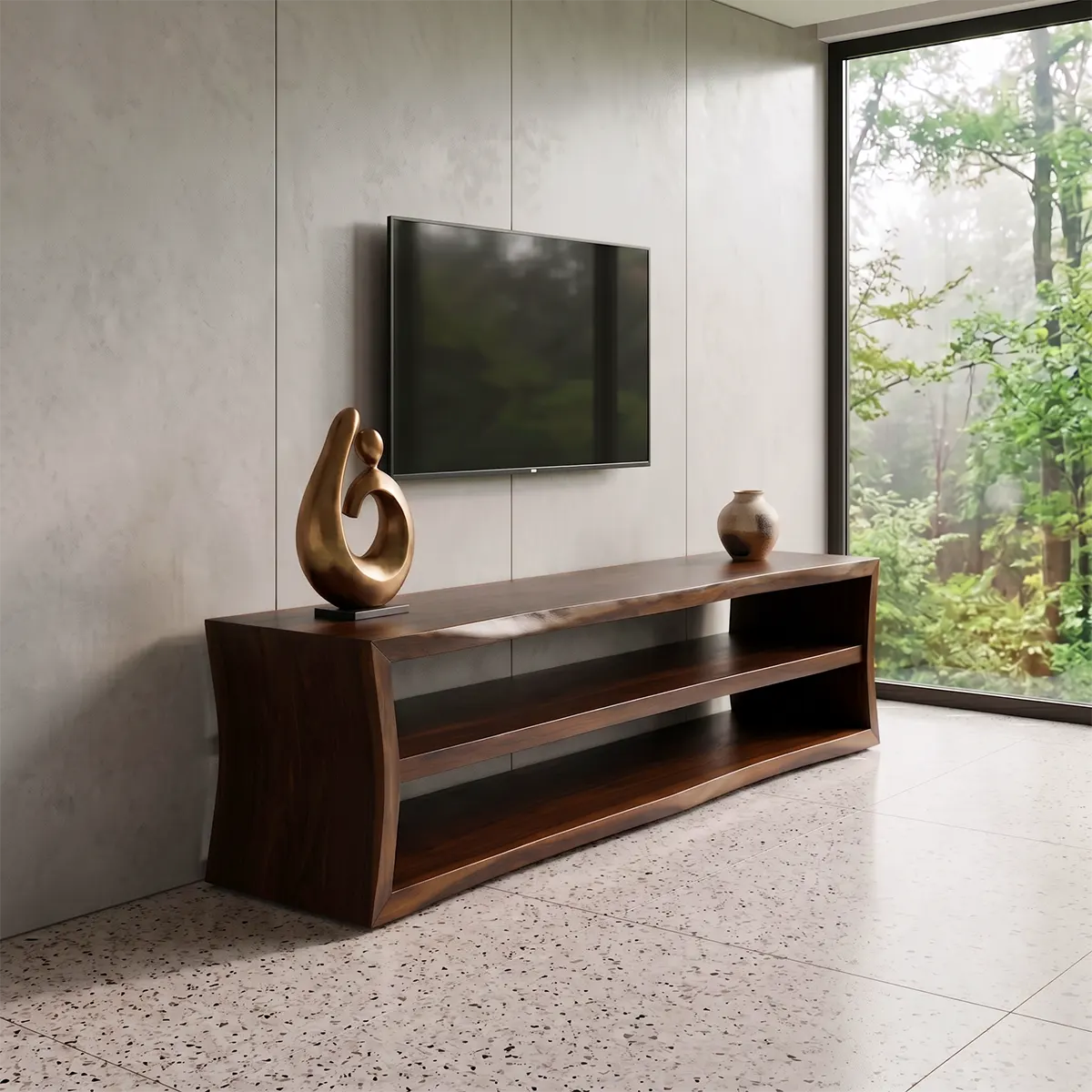 Modern Open Shelf TV Stand – Low Profile Media Console with 2-Tier Storage