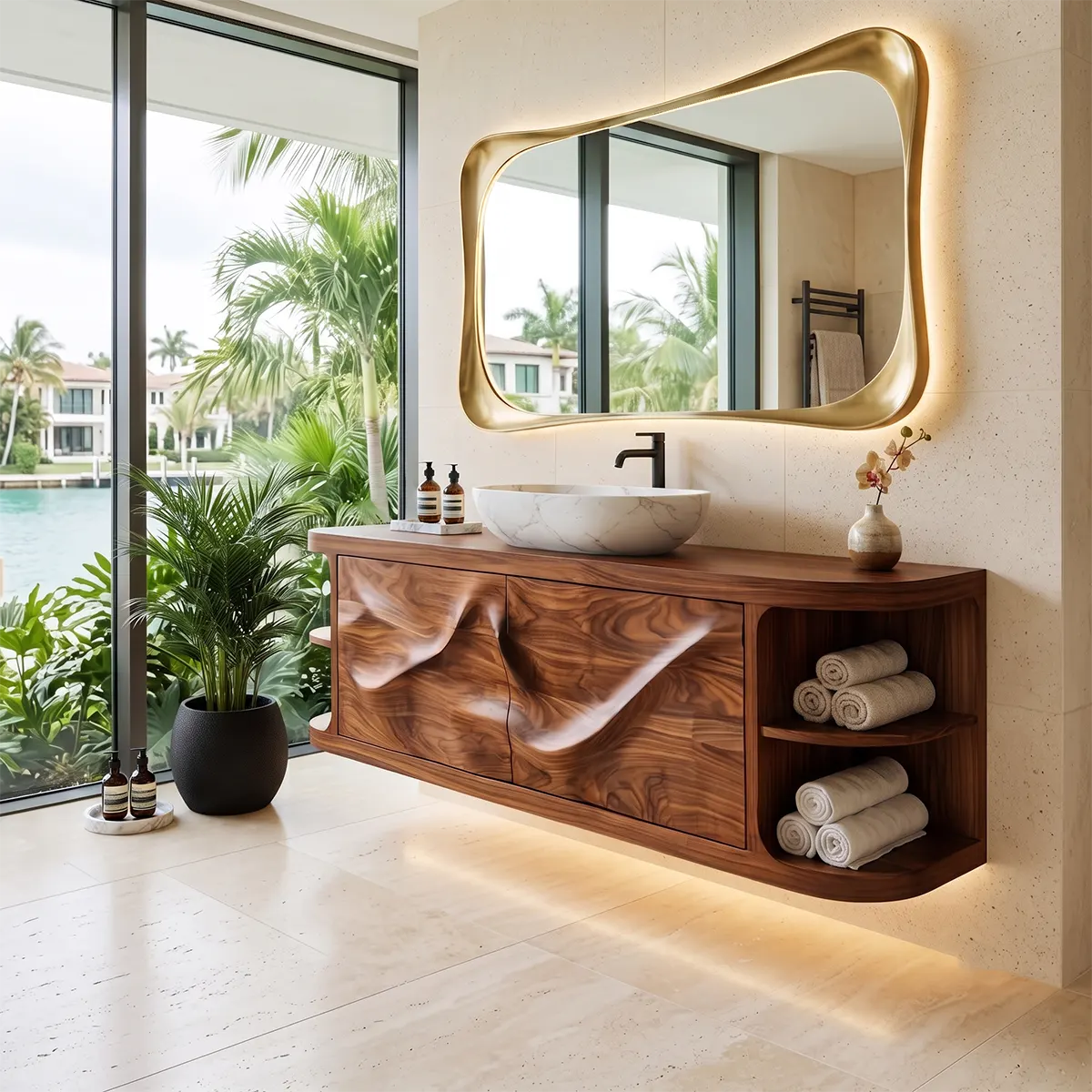 Floating Solid Wood Bathroom Vanity with Double-Door Cabinet & Open Shelves | Wall Mounted Bathroom Vanity with Fixed Storage TT006-9IGM7UG