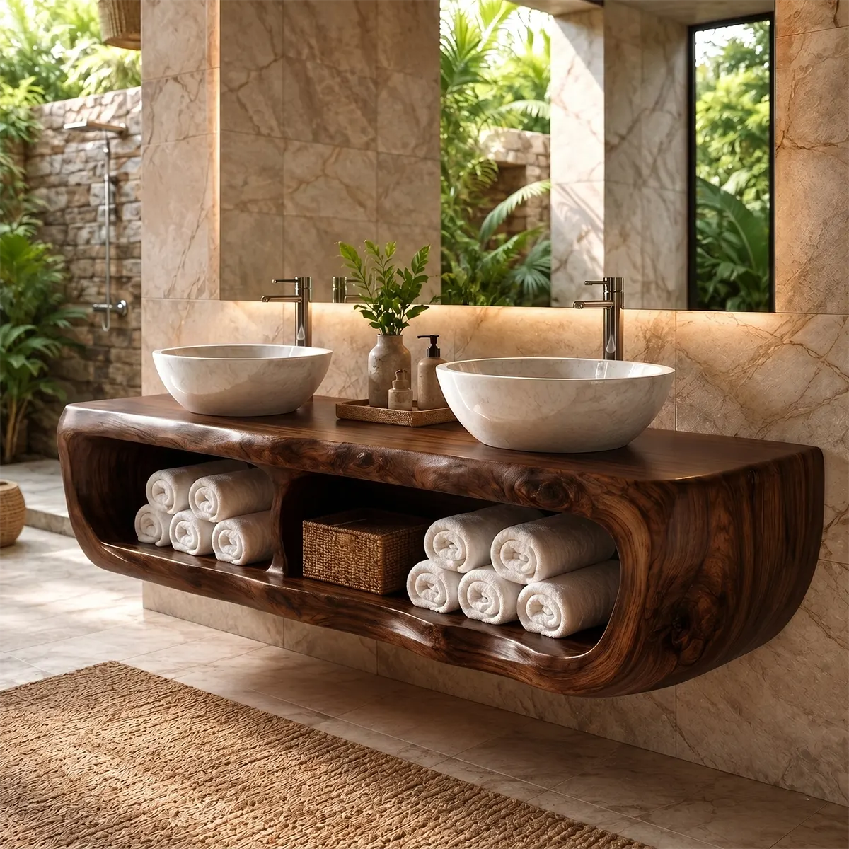 Floating Double Bathroom Vanity with Open Storage Compartments | Sculptural Organic Modern Design