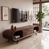 Modern Curved TV Stand with 4 Drawers & 2 Open Shelves | Sculptural Media Console