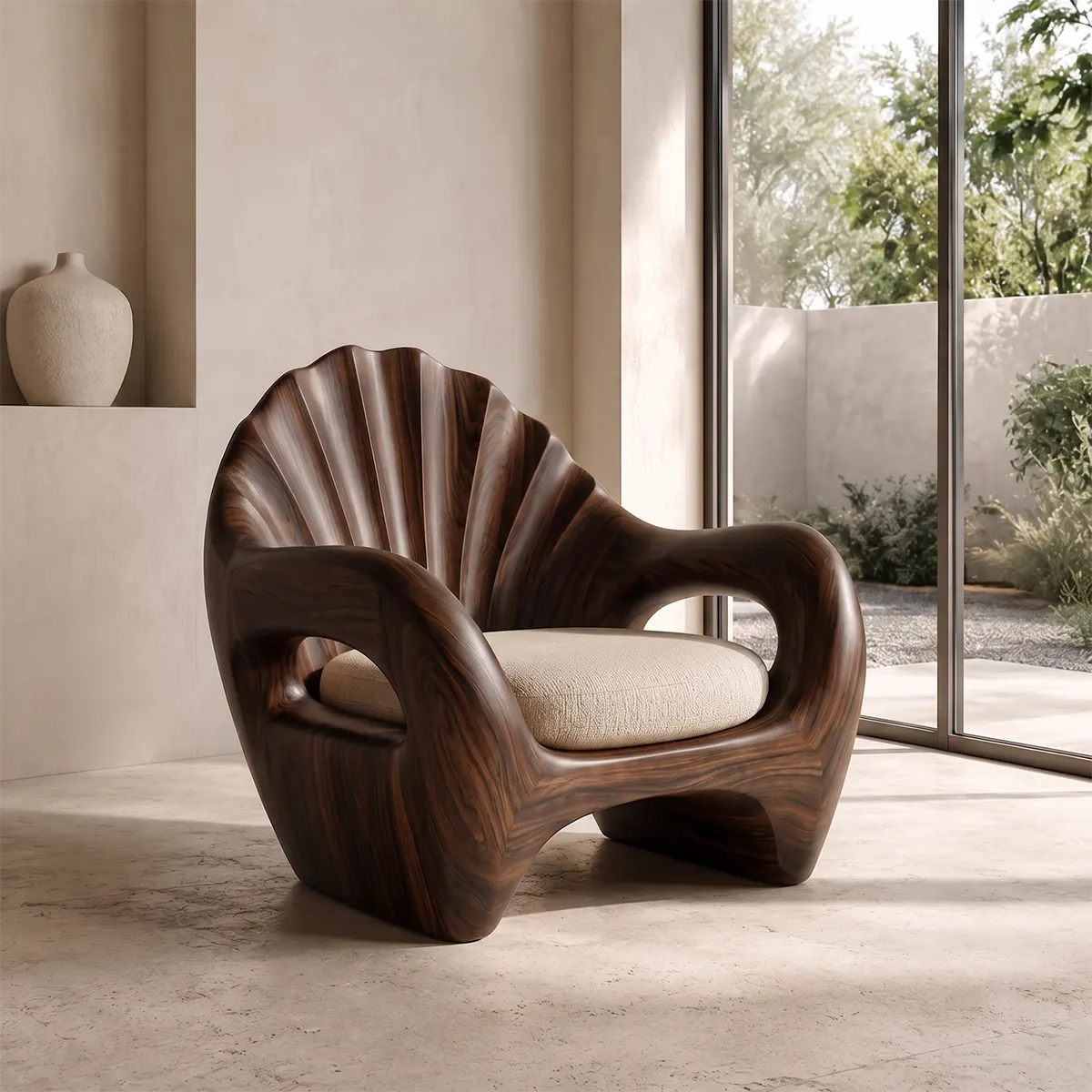 Sculptural Shell Back Armchair with Curved Open Arms | Organic Statement Lounge Chair
