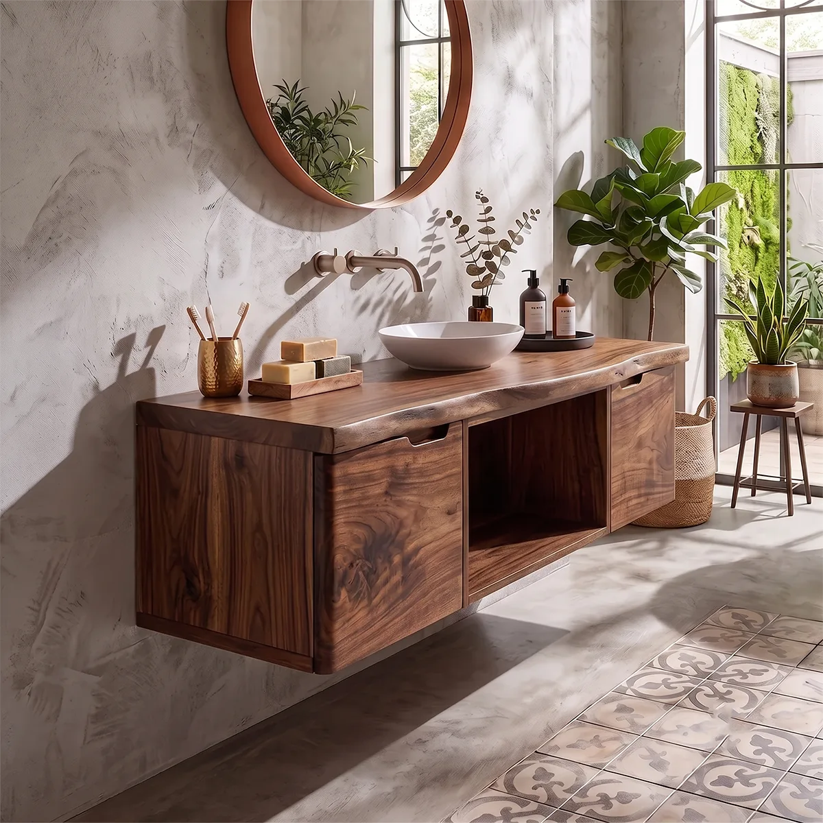 Floating Solid Wood Bathroom Vanity | Live Edge Bathroom Vanity with Double Door Storage and Open Shelf TT006-5OZQ9AW