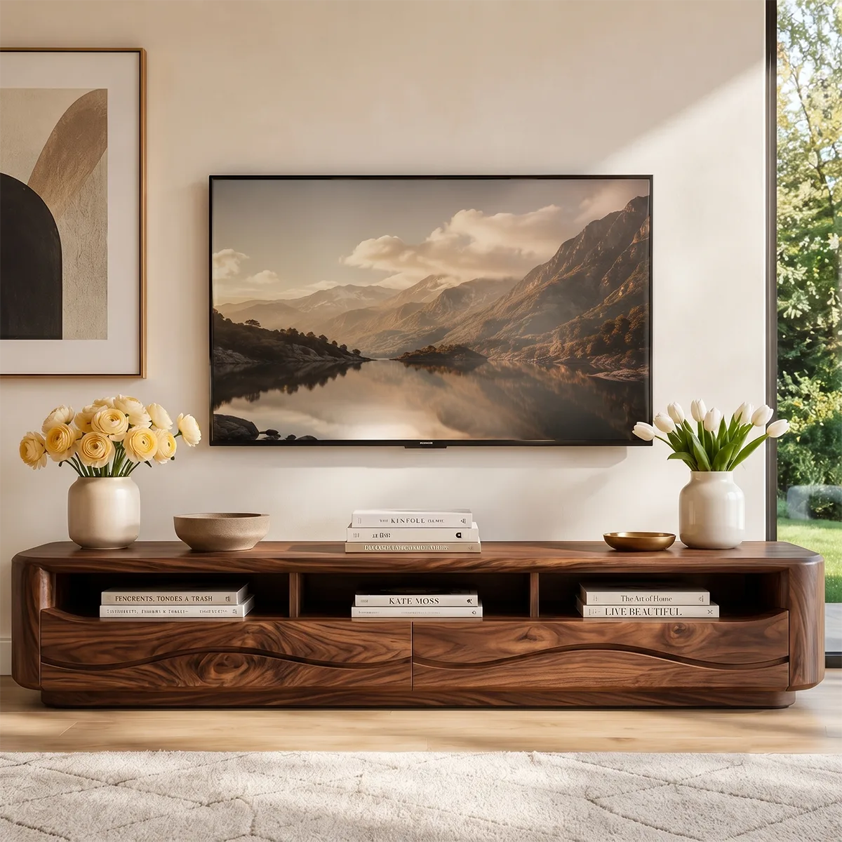 Organic Modern TV Stand with Open Shelves & 2 Drawers | Modern Media Console TT006-6HLG3MY