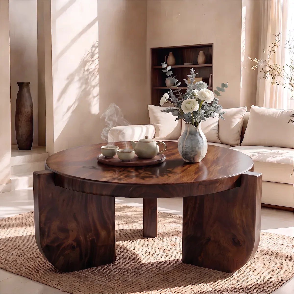 Modern Round Coffee Table with 3 Sculptural Panel Legs | Organic Contemporary Living Room Table
