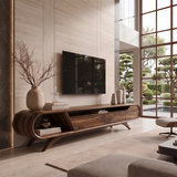 Modern Curved TV Stand with 3 Drawers & Open Storage Areas | Sculptural Media Console