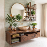 Floating Solid Wood Bathroom Vanity with Drawers & Open Shelves | Wall Mounted Bathroom Vanity with Live Edge Countertop TT006-8CNN1NN