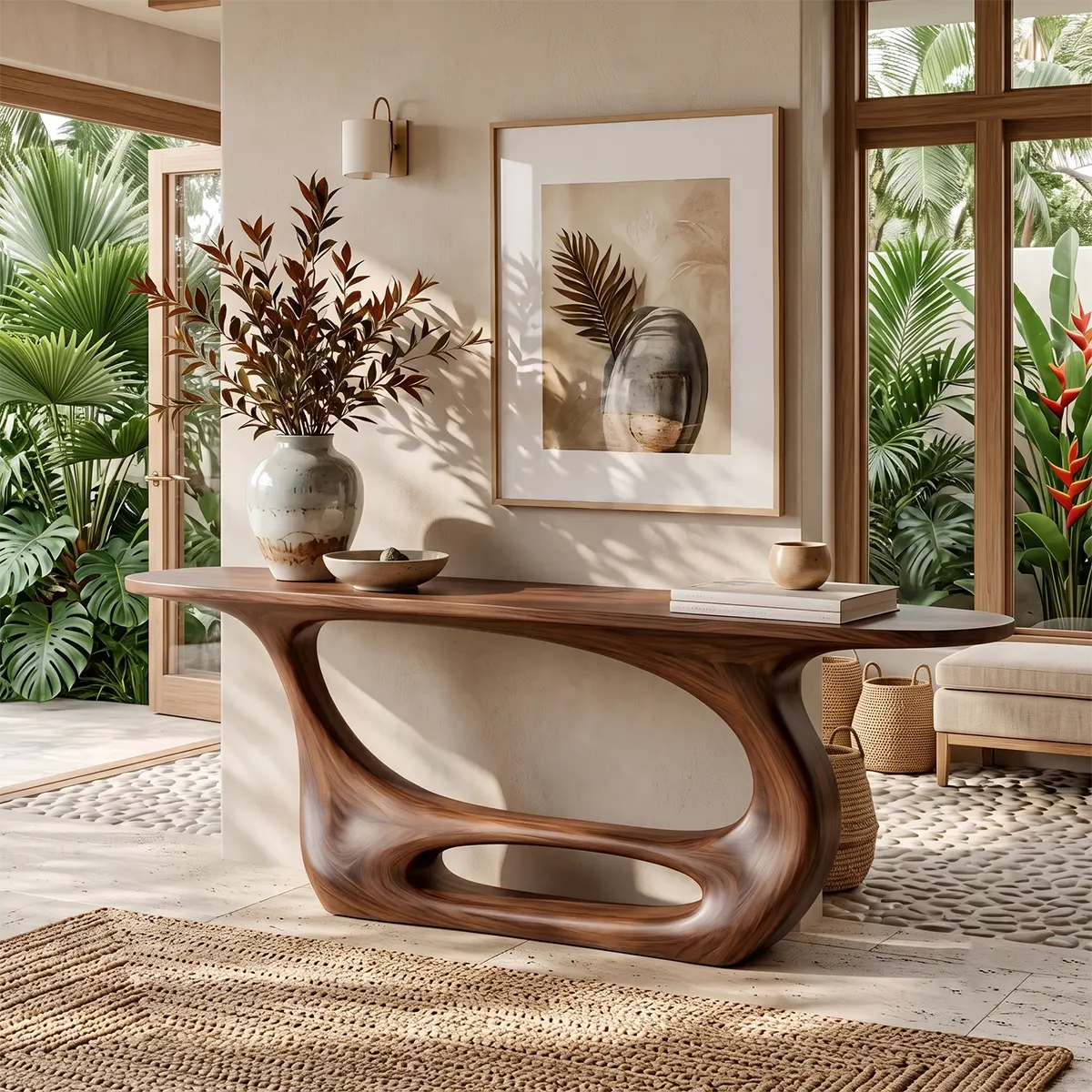 Organic Modern Console Table with Sculptural Open Base for Entryway & Living Room TT006-9597
