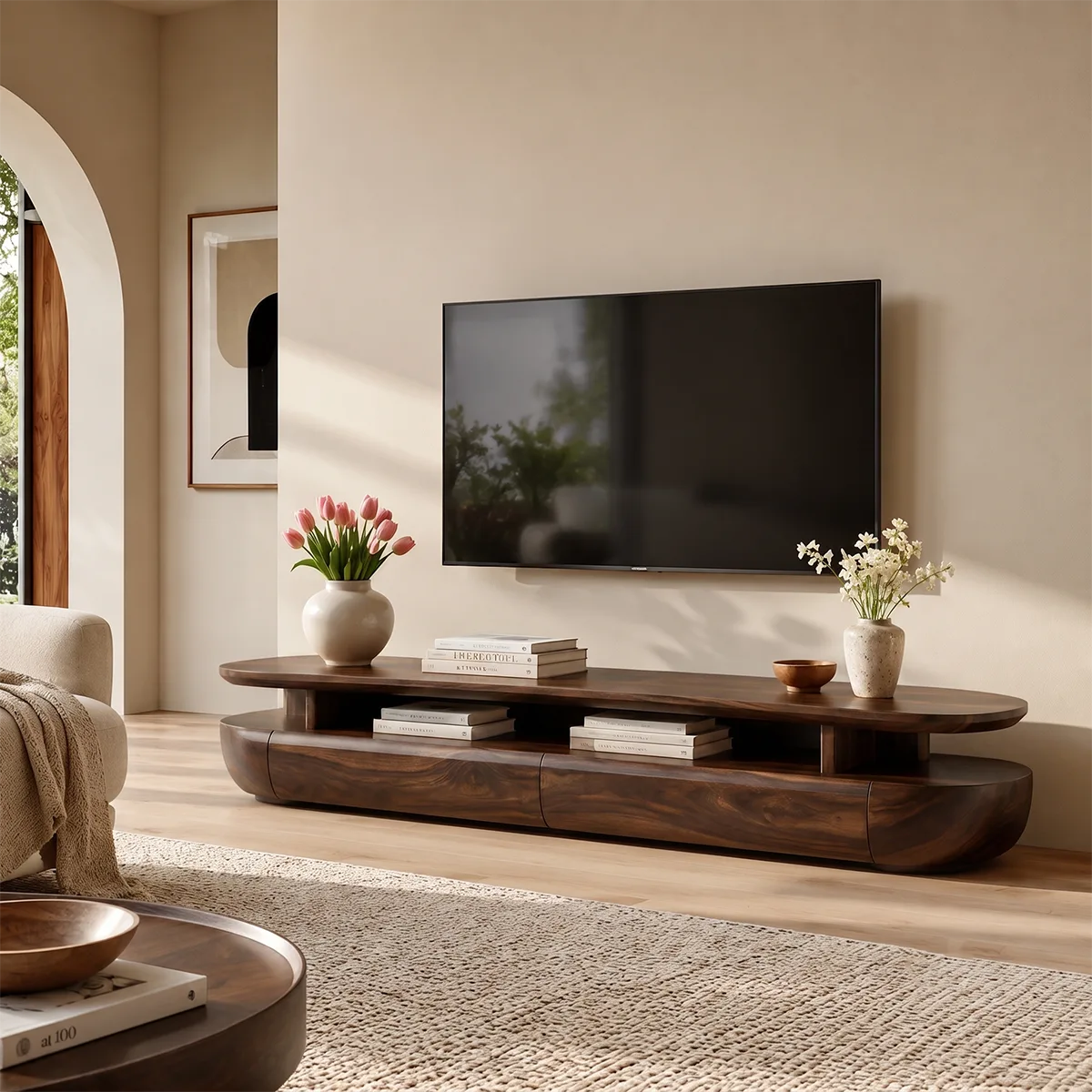 Organic Modern TV Stand with Open Shelf & 2 Drawers | Modern Media Console TT006-1JRE9PZ