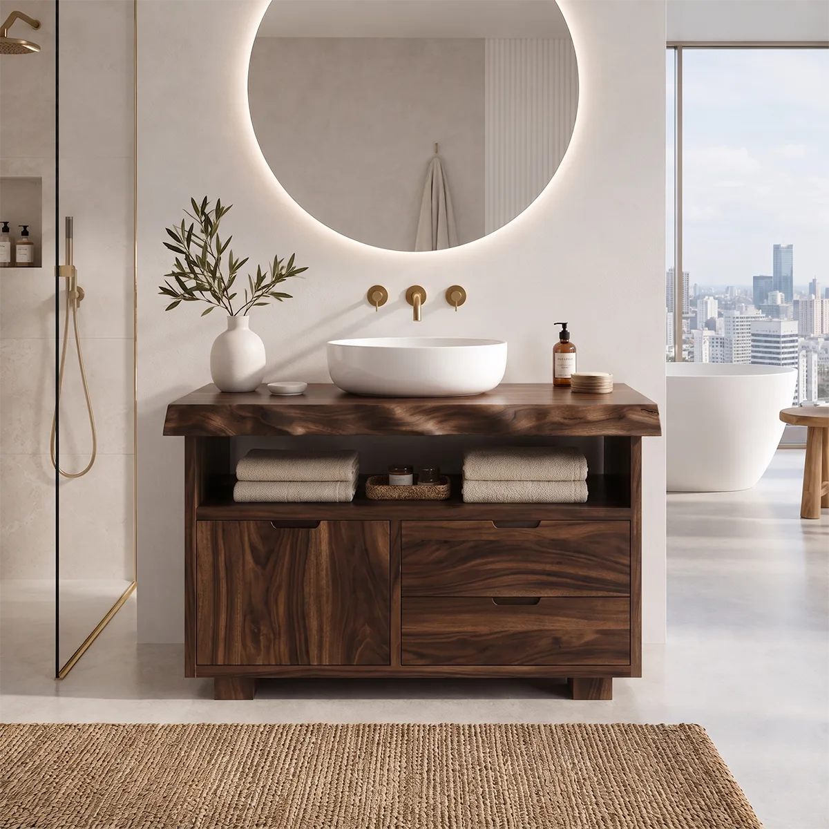 Freestanding Bathroom Vanity with Storage & Open Shelf | Live Edge Modern Design
