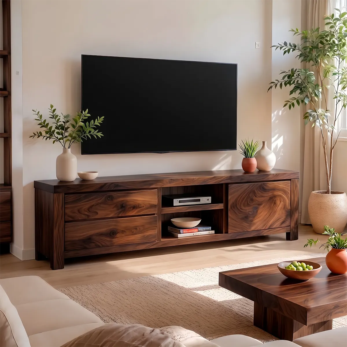 Modern TV Stand with 2 Drawers, Open Shelves & Enclosed Cabinet | Contemporary Media Console