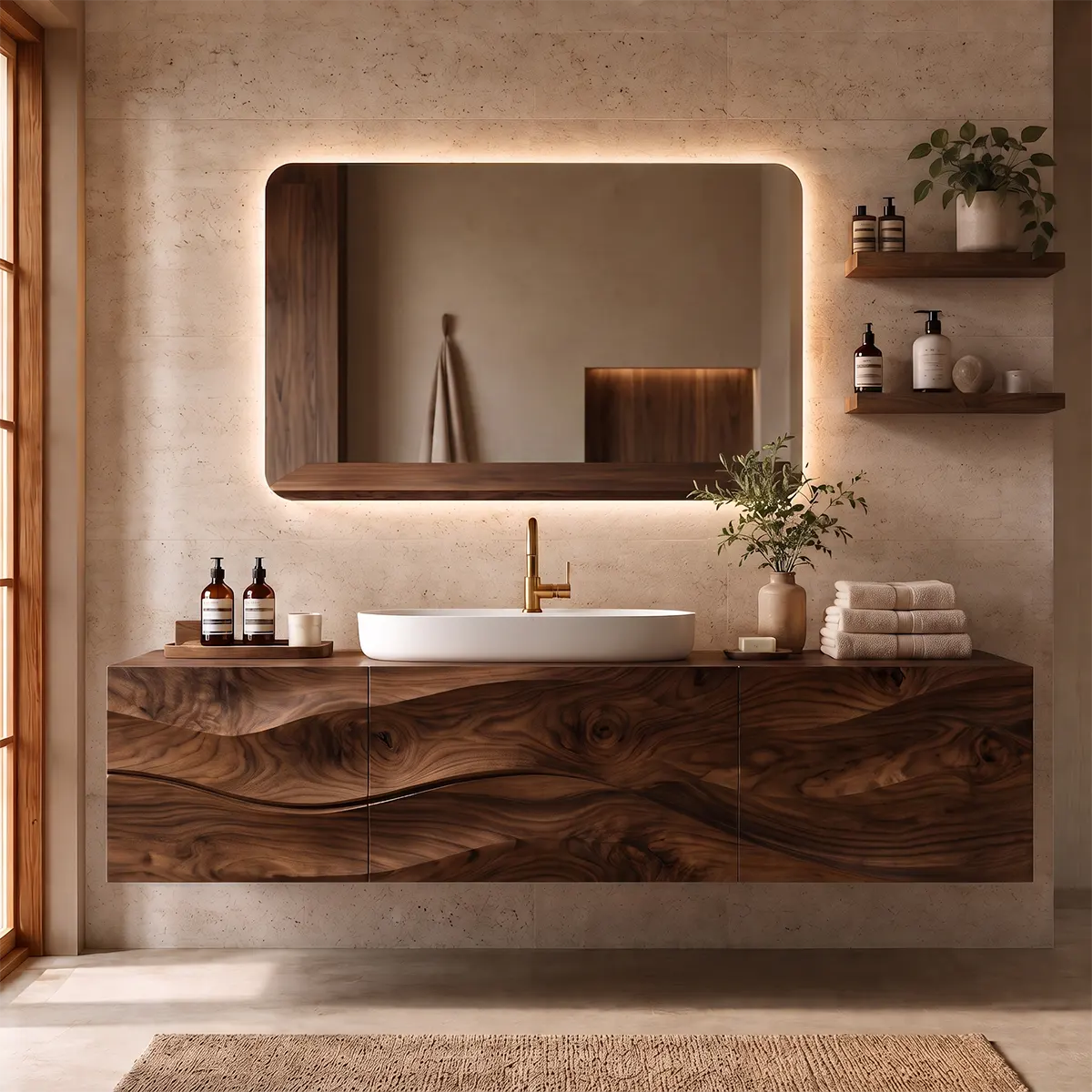 Floating Bathroom Vanity with 3 Doors | Sculpted Wave Front & Handleless Modern Design