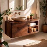 Floating Solid Wood Bathroom Vanity with Single-Door Cabinet & Open Shelves | Wall Mounted Bathroom Vanity with Fixed Storage TT006-5WWS2ST