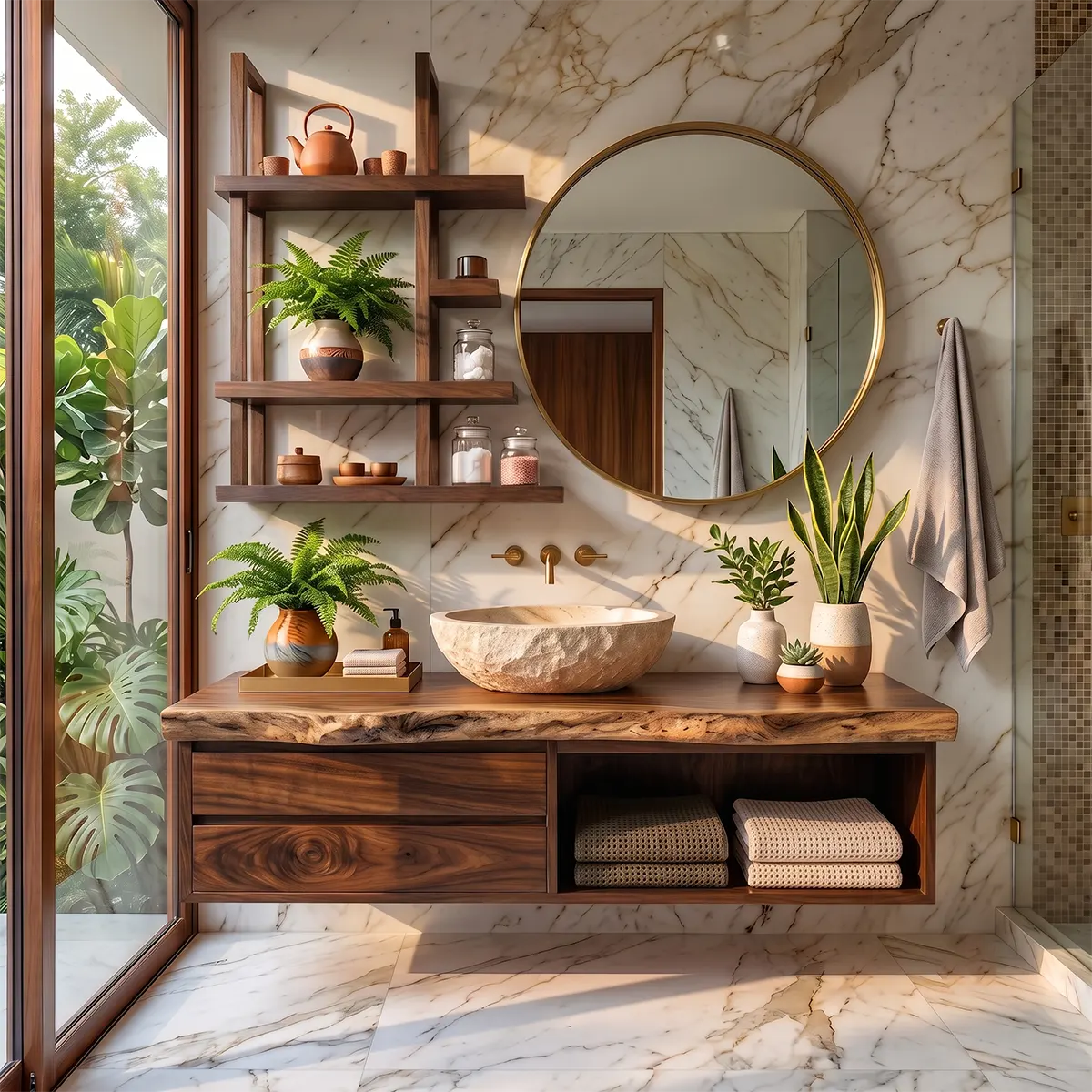 Floating Solid Wood Bathroom Vanity with Drawers & Open Shelf | Wall Mounted Bathroom Vanity with Live Edge Countertop TT006-5OAT6SE