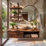 Floating Solid Wood Bathroom Vanity with Drawers & Open Shelf | Wall Mounted Bathroom Vanity with Live Edge Countertop TT006-5OAT6SE
