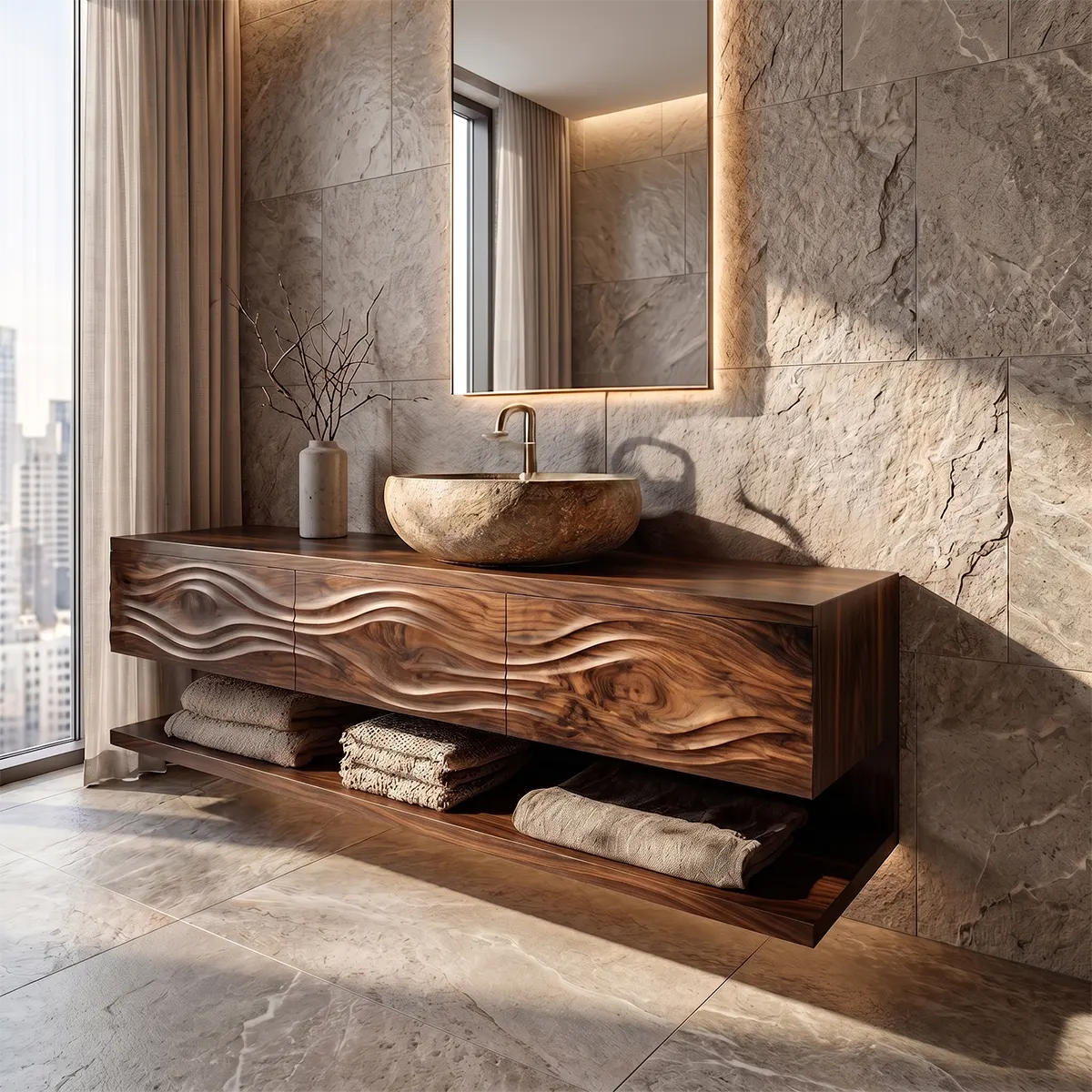 Floating Bathroom Vanity with 3 Drawers & Full-Length Open Shelf | Sculptural Wave Front Design