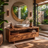 Freestanding Solid Wood Bathroom Vanity | Live Edge Wood Vanity with Open Shelf & Three Drawers TT006-2MDA2PI