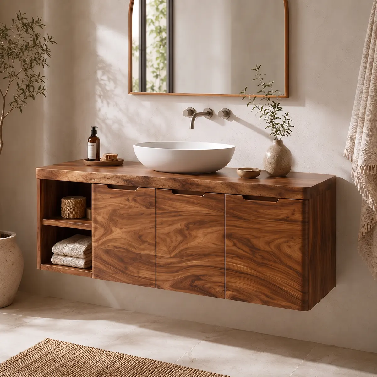 Floating Solid Wood Bathroom Vanity with Open Shelves & Hinged Cabinets | Wall Mounted Bathroom Vanity with Double-Door Storage TT006-4CCT8FL