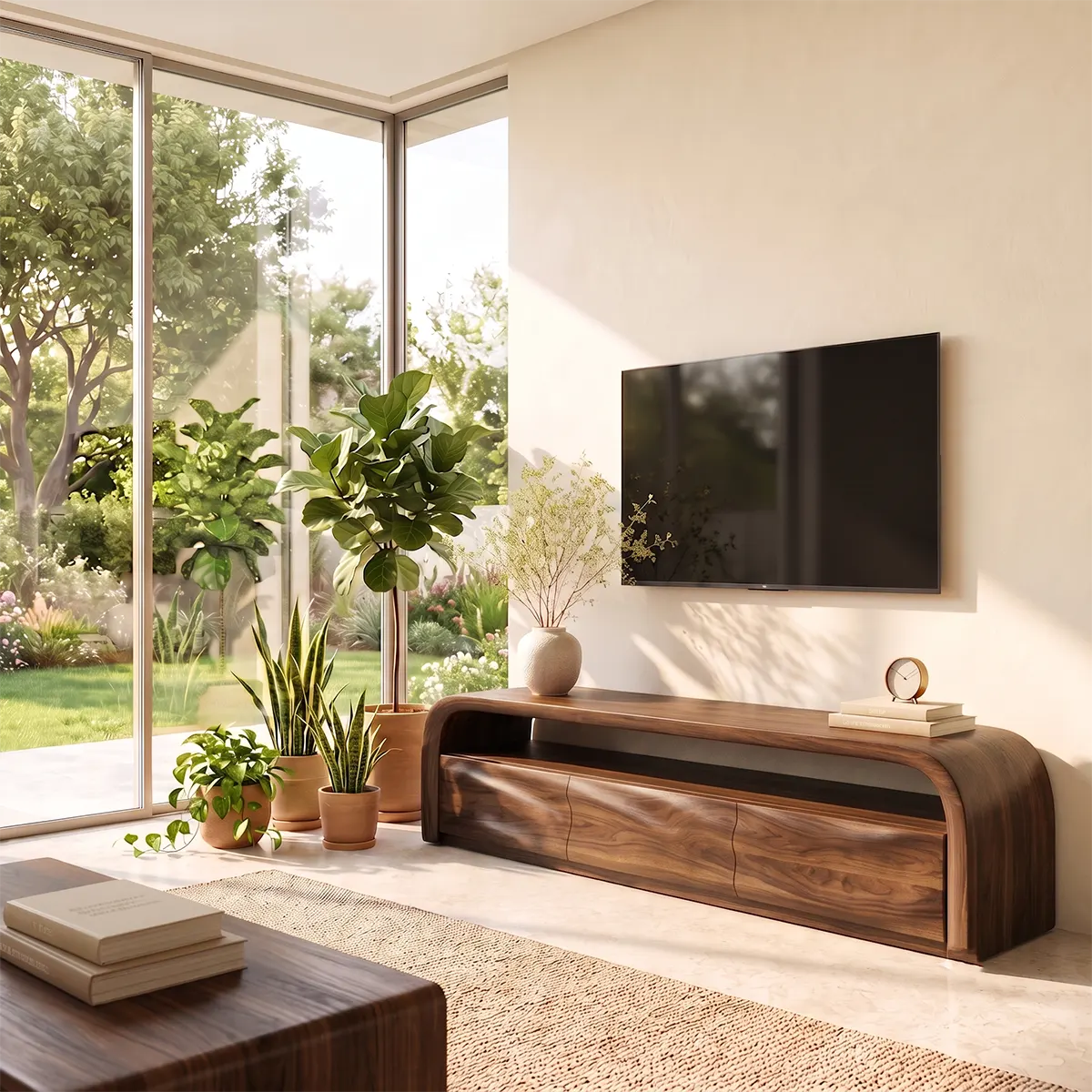 Modern Organic TV Stand with Sculpted Cabinets | Open Media Console TT006-8LGO4IB