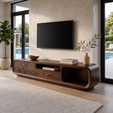 Modern Curved TV Stand with 3 Drawers & Open Media Storage | Sculptural Low Profile Entertainment Console