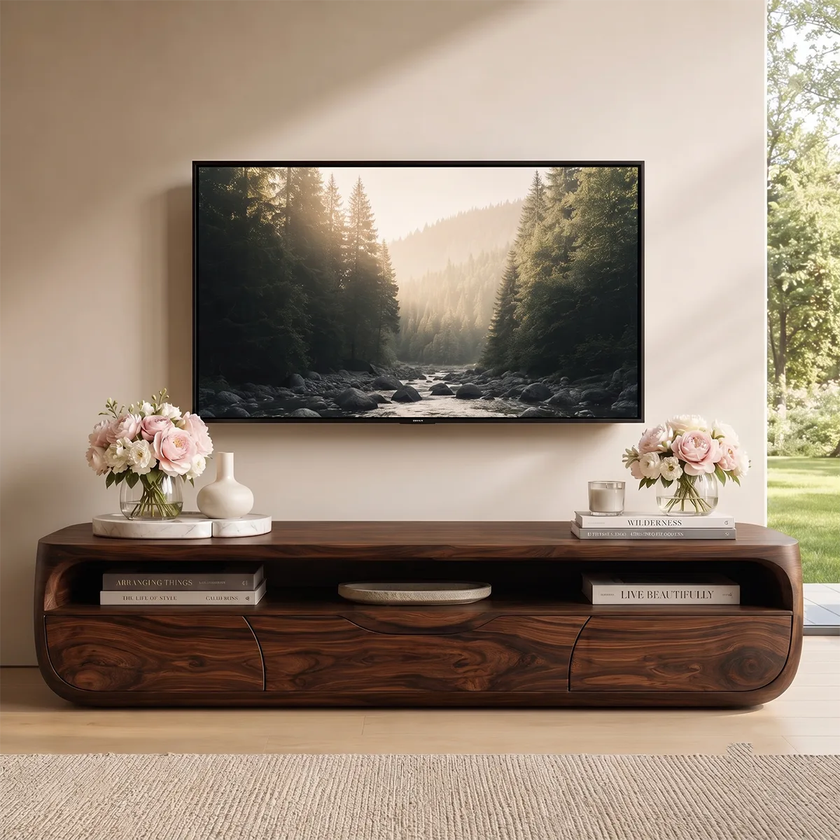 Modern TV Stand with Open Display Shelf & Storage Drawers TT006-5QMV1KJ