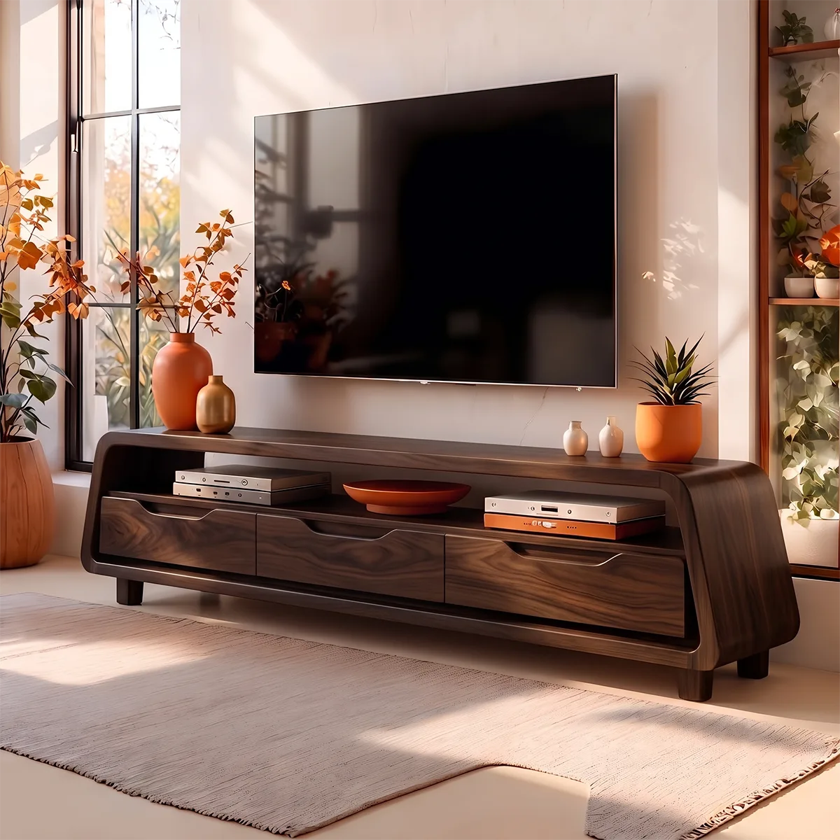 Modern Curved TV Stand with 3 Drawers & Long Open Media Shelf