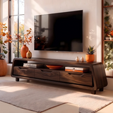 Modern Curved TV Stand with 3 Drawers & Long Open Media Shelf