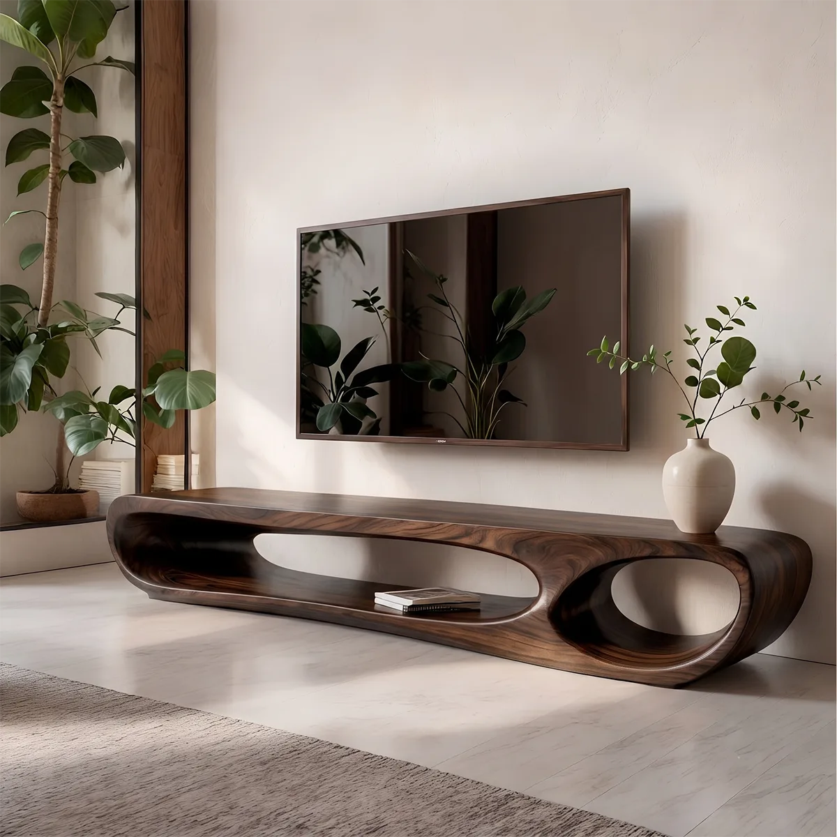 Modern Sculptural TV Stand with Open Display Shelves | Organic Media Console TT006-2SJT8FS