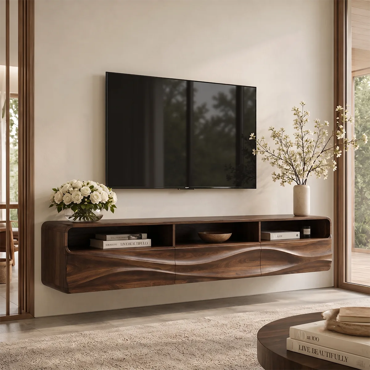 Floating TV Stand with Open Shelving & Three Drawers | Organic Modern TV Console TT006-5STK9KO