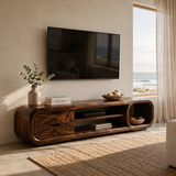 Sculptural Curved TV Stand with 2 Drawers & Open Shelves | Modern Low Profile Media Console