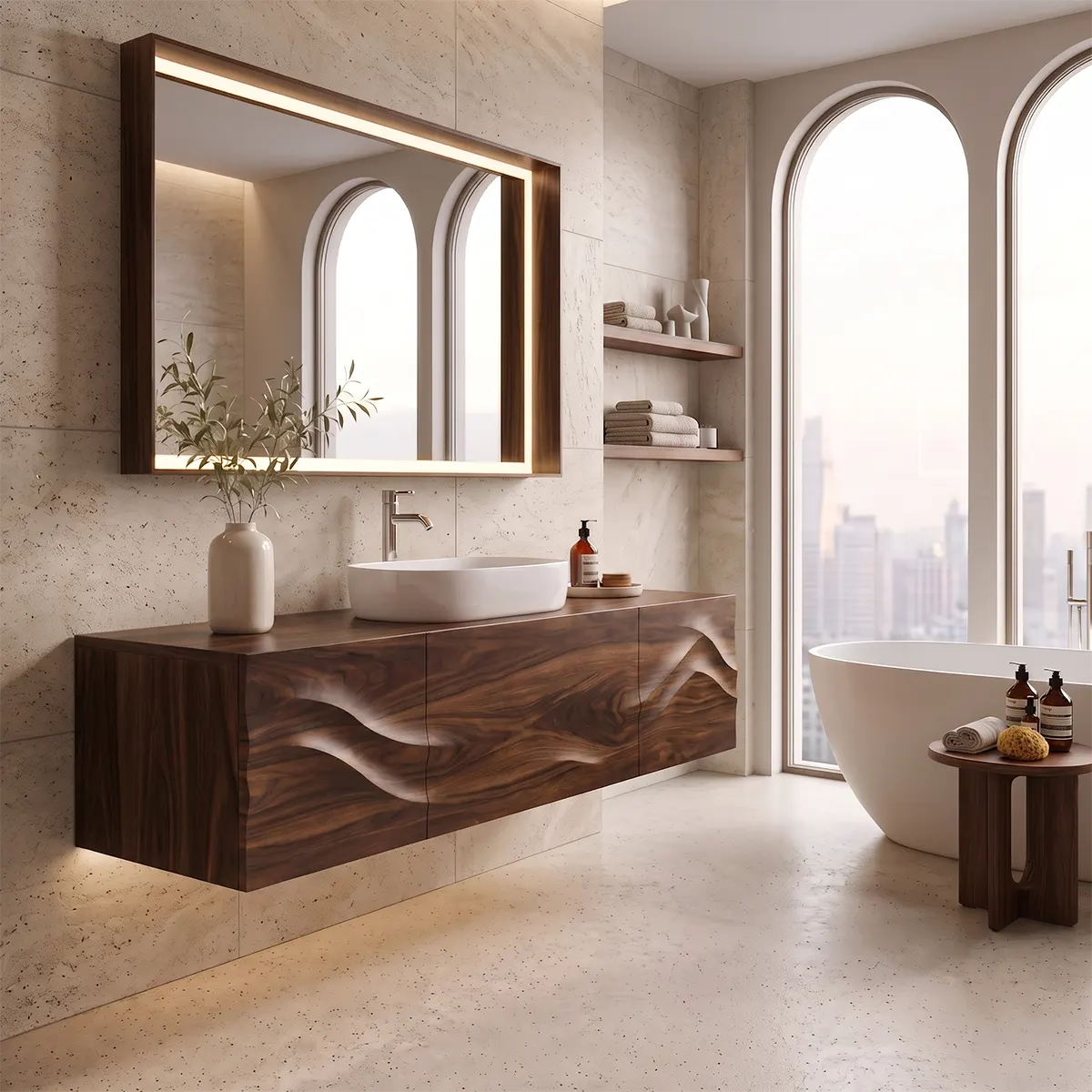 Floating Bathroom Vanity with 3 Doors | Sculpted Wave Front & Handleless Design